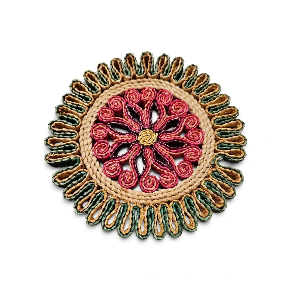 Vintage Woven Raffia Trivets Set of 2 Boho Straw Hot Pads Floral Sunburst 0425